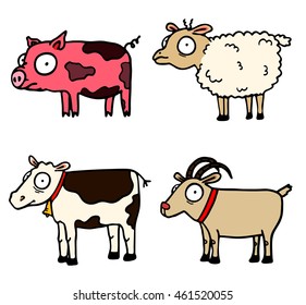 Set of funny farm animals. Cow, pig, sheep, goat.