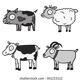 Set of funny farm animals. Cow, pig, sheep, goat.