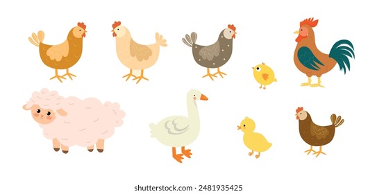 Set of funny farm animals. Cute characters on white background. Sheep, rooster, chicken, duck, hen, chick, duckling. Colorful vector illustration in flat style.