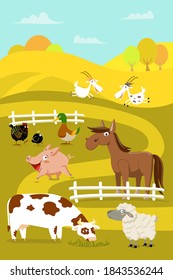 Set of funny  farm animals with landscape - cow, sheep, horse, pig, hen, chick, duck, goats. Cute cartoon vector illustration, flat style