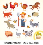 Set funny farm little animals. Funny cartoon character. Vector illustration. Isolated on white background. Farmer, turkey, chicken, cock, horse, dog, sheep, goat, cow, horse, pig, donkey