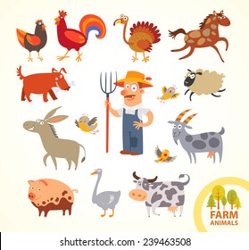 Set funny farm little animals. Funny cartoon character. Vector illustration. Isolated on white background. Farmer, turkey, chicken, cock, horse, dog, sheep, goat, cow, horse, pig, donkey