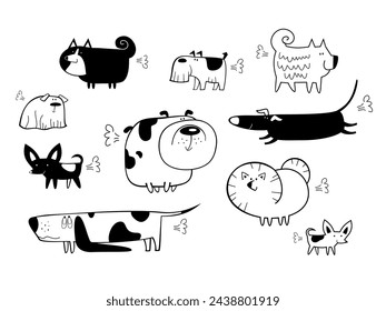 Set of funny farting dogs of different breeds in sketch style: dachshund, basset, spitz, bulldog and others. Doodle dog vector illustration.