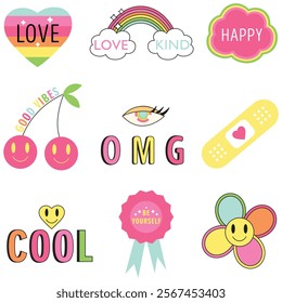 Set of funny and fashion patches, stamps or stickers with different words isolated on white background.