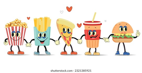  Set of funny fast food characters - pizza, french fries, burger, popcorn, coffee. Group of friendly Fast Food meals.Cartoon vector illustration isolated on white background.