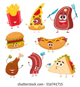 Set of funny fast food characters - pizza, French fries, burger, hot dog, steak, bacon, sandwich and chicken leg, cartoon vector illustration isolated on white background. Funny fast food characters