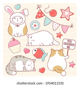 Set of funny fat cats. The cat lies, sleeps, in a hat with rabbit ears, with a sign "You offended me". Vector illustration EPS8 