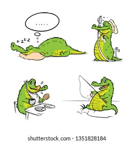 Set of funny fat crocodile isolated on white background. Vector illustration of alligators. - Vector