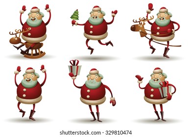 set of funny fat round santas in red jacket with toys, gifts, little christmas tree and deer, 6 characters, vector