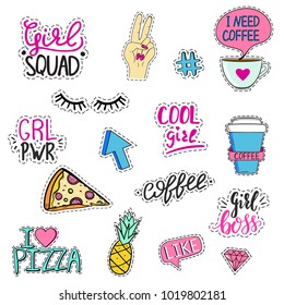 Set of funny feminine stickers. Hand lettered quotes and small pictures in retro style