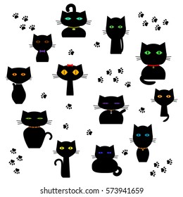 Set of funny figures of black cats isolated on a white background. Traces of the cat's paws. Vector illustration