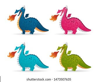 Set of funny fire dragon cartoon. Collection colorful flying fairytale cute dinosaurs. Print, logo, sticker, web, poster. Illustration isolated on white background. Vector clip art