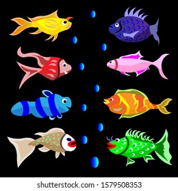 Set of funny fish character. Vector with full color. Fish vector cartoon for children education about animal and color. 