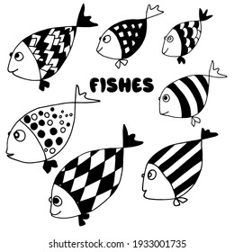 Set of funny fish. Collection of black and white fish isolated on white background. Vector stock illustration. Hand drawn. Design of cafes, posters, fish shops, prints on T-shirts and children's cloth