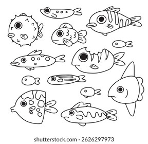 set of funny fish, vector illustration in doodle style coloring book