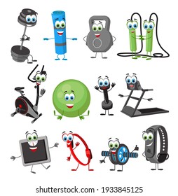 Conjunto de objetos de fitness divertidos sobre fondo blanco, colección de fitness, ilustración vectorial plana