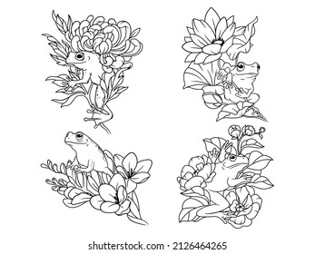 Set of funny floral toads. Collection of cute ranch frogs with flower bouquet. River animals. Vector illustration on a white background.