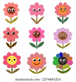 Set of funny flowers with happy face. Cartoon vector illustration