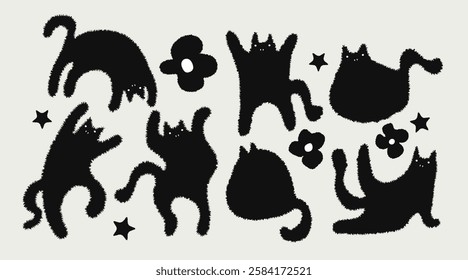 Set of funny fluffy black cats. Vector cartoon silhouettes of pets.