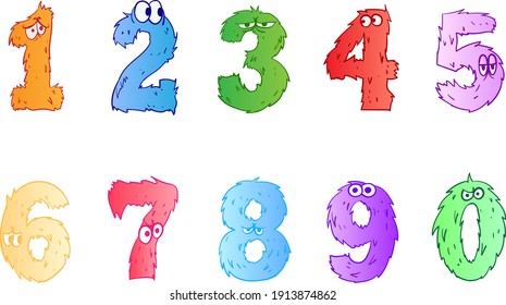 Set of funny fluffy monster characters from numbers with face. Illustration in cartoon style on a white background for kids. Vector. Isolated from background