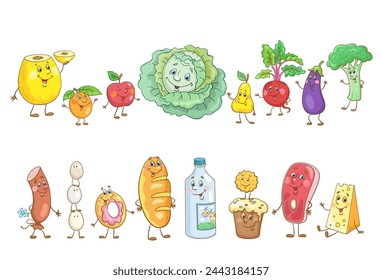 Set of funny food. Cartoon fruits, vegetables, bakery, milk and meat products.  Isolated on white background. Vector illustration.