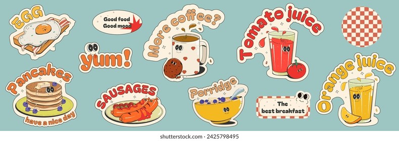 set of funny food stickers: pancakes, fried sausages with ketchup, oatmeal porridge with blueberries, coffee with cookies, fried eggs with bacon, tomato and orange juice. Cartoon retro style.Vector.