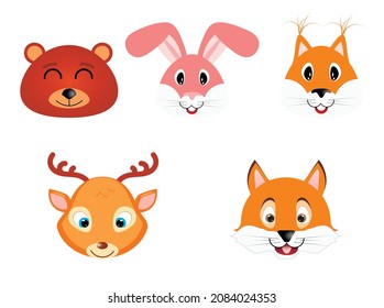 Set of funny forest animals. Bear, hare, squirrel, deer, fox