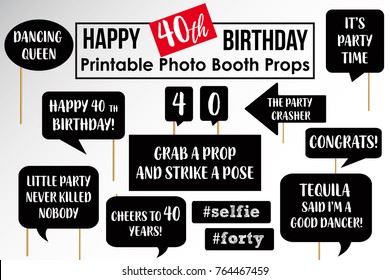 Set Of Funny Fortieth Birthday Party Photobooth Props Vector Elements.