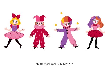 Set of funny four clowns boys and girls. Vector graphics.