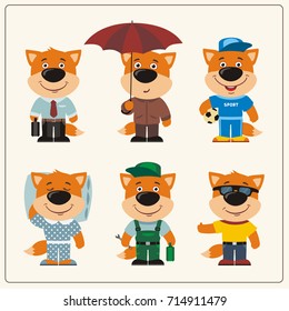 Set funny Fox in different clothing: sportsman, worker, manager, summer, autumn, sleepwear in cartoon style.