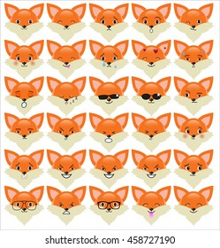 Set of funny fox emoticons - smiling red foxes with different emotions from happiness to angry isolated on white background. Can be used for logos, icons, signs, avatars, web decor, other design