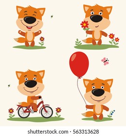 Set of funny fox plays in the meadow, on bicycle, with balloon and flower in cartoon style.