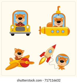 Set of funny Fox in various transport: airplane, submarine, car, space rocket.