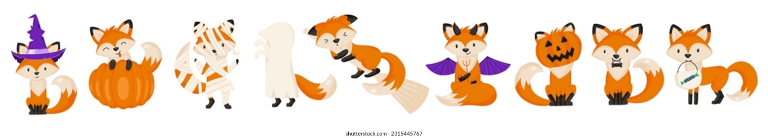 Set of funny foxes in Halloween costumes