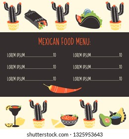 Set of funny freehand Mexican food elements: burrito, taco, margarita, lemon, cactus, tomato, salsa, sauce, garlic. Hand drawn food for restaurant menu, banner, flyer, print design.