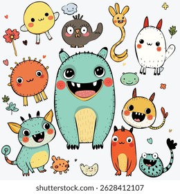 Set of funny and friendly creatures. Vector doodles.