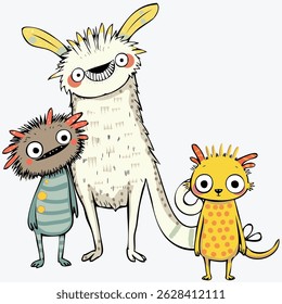 Conjunto de criaturas engraçadas e amigáveis. Rabiscos vetoriais.