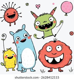 Set of funny and friendly creatures. Vector doodles.