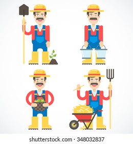 Set of funny friendly farmers standing in the different poses with different domestic stuff. Vector illustration and icons.