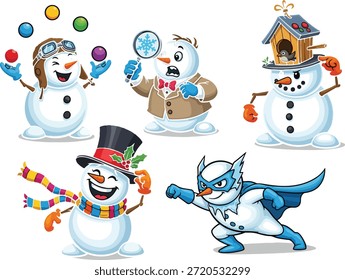 Set of funny and friendly snowman characters in different poses and actions, illustrated in a cheerful cartoon style suitable for winter and Christmas designs.
