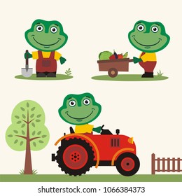 Set of funny frog farmer is working on farm: with shovel, wheelbarrow with vegetables, in tractor. 