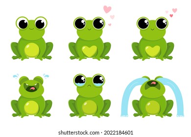 Set funny frogs with different emotions: laughs, cries, loves. Isolated on white background. Vector illustration.