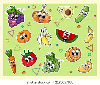 Set of funny fruit cartoon characters illustration