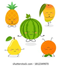 Set with funny fruit characters relaxing and stretching in different yoga poses. Vector flat illustration isolated on white background