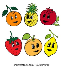 Set of funny fruit isolated on a white background. Vector cartoon illustration. Cute stylish characters.