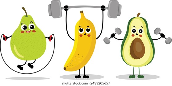 Set of funny fruit mascot make gym
