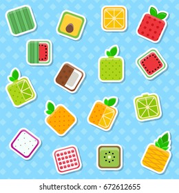 Set of funny fruit stickers with square form. Square fruits design great for print, patch, sticker or pin. Isolated vector illustration with pattern background 