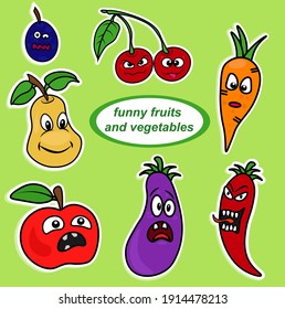 A set of funny fruit and vegetable stickers. Vector illustration.