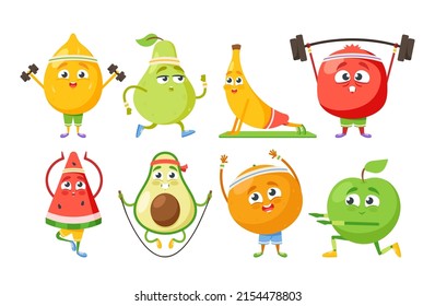 Set von Funny Fruits Characters Sport Übungen. Lemon, Pear, Banana und Garnet, Watermelon, Avocado und Orange mit Apple Healthy Lifestyle, Workout und Gym Training. Cartoon-Vektorgrafik