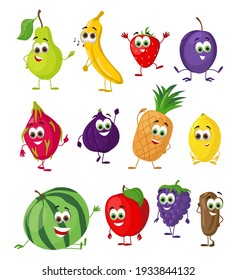 Set of Funny Fruits with eyes. Cartoon funny fruits characters flat vector illustration